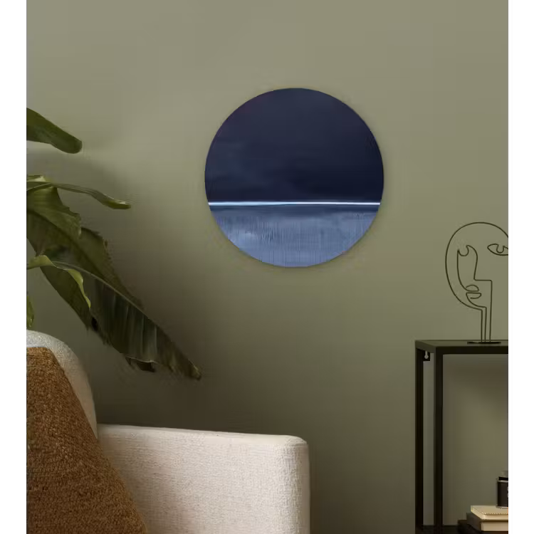Abstract - Horizontale lijn - Minimalistisch - Donkerblauw - Kunst Wandcirkel kunststof plaat 5mm dik klein -sfeer3