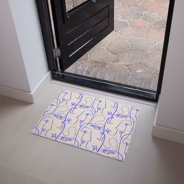 Gezicht - Blauw - Lijnen - Beige Deurmat klein 898 -sfeer5