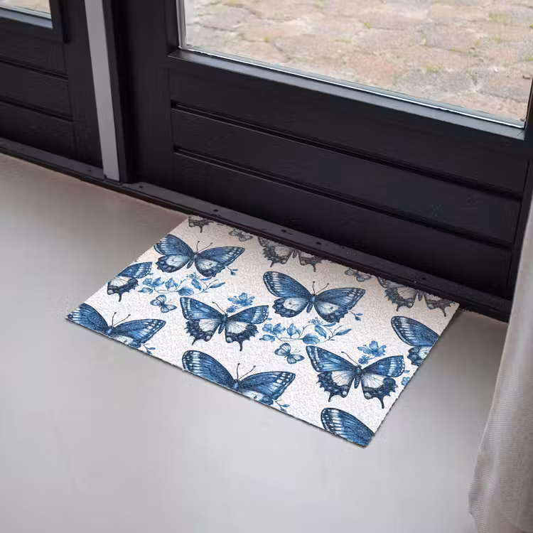 Blauw - Vlinders - Bloemen - Wit Deurmat klein 898 -sfeer2