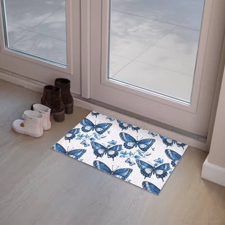 Blauw - Vlinders - Bloemen - Wit Deurmat klein 898 -sfeer3