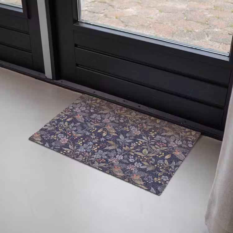 Bloemen - Bladeren - Patroon - Botanisch - Donkerblauw Deurmat klein -sfeer2