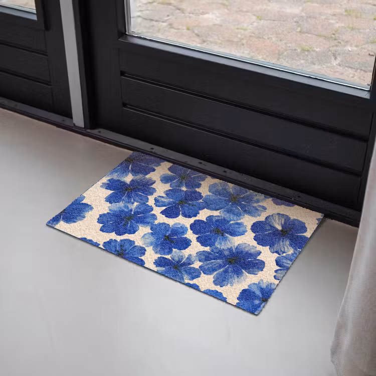 Bloemen - Blauw -Patroon - Wit Deurmat klein -sfeer2