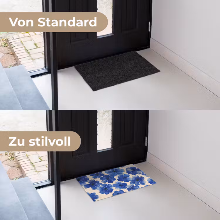 Bloemen - Blauw -Patroon - Wit Deurmat klein -voor-na_DE