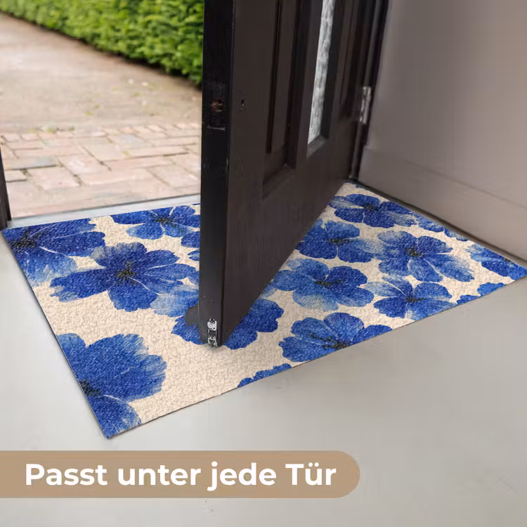Bloemen - Blauw -Patroon - Wit Deurmat klein -USP_DE