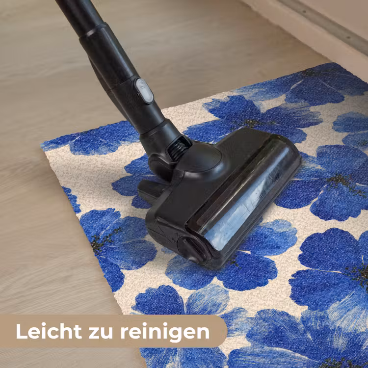Bloemen - Blauw -Patroon - Wit Deurmat klein -reinigen_DE