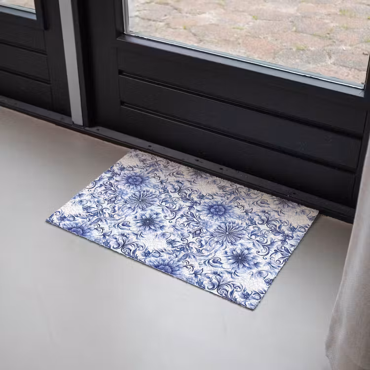 Bloemen - Blauw - Patroon - Wit Deurmat klein 898 -sfeer2