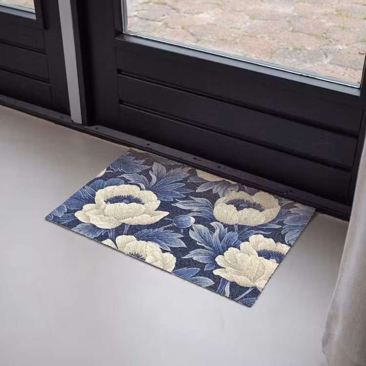 Bloemen - Patroon - Blauw - Wit Deurmat klein -sfeer2
