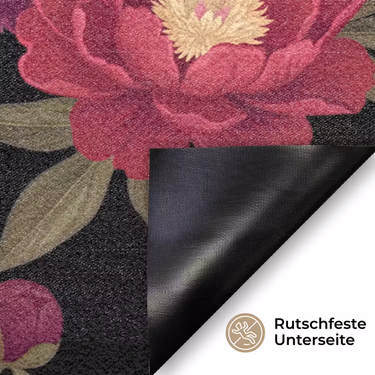 Bloemen - Patroon - Botanisch - Rood - Zwart Deurmat klein -antislip_DE