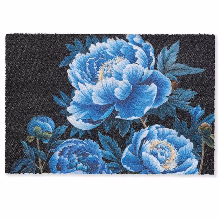 Bloemen - Zwart - Blauw - Modern Deurmat klein -zkaufland3d