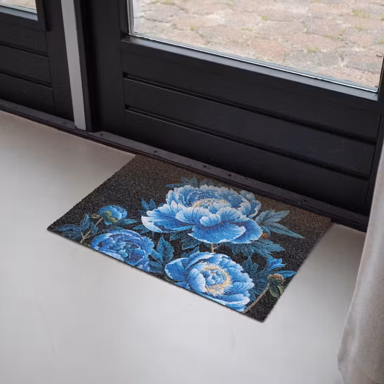 Bloemen - Zwart - Blauw - Modern Deurmat klein -sfeer2