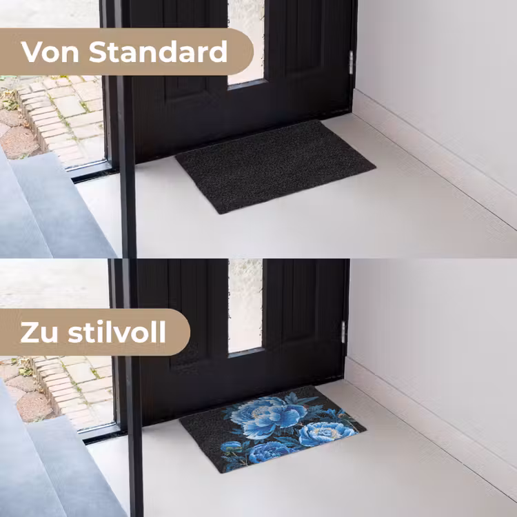 Bloemen - Zwart - Blauw - Modern Deurmat klein -voor-na_DE