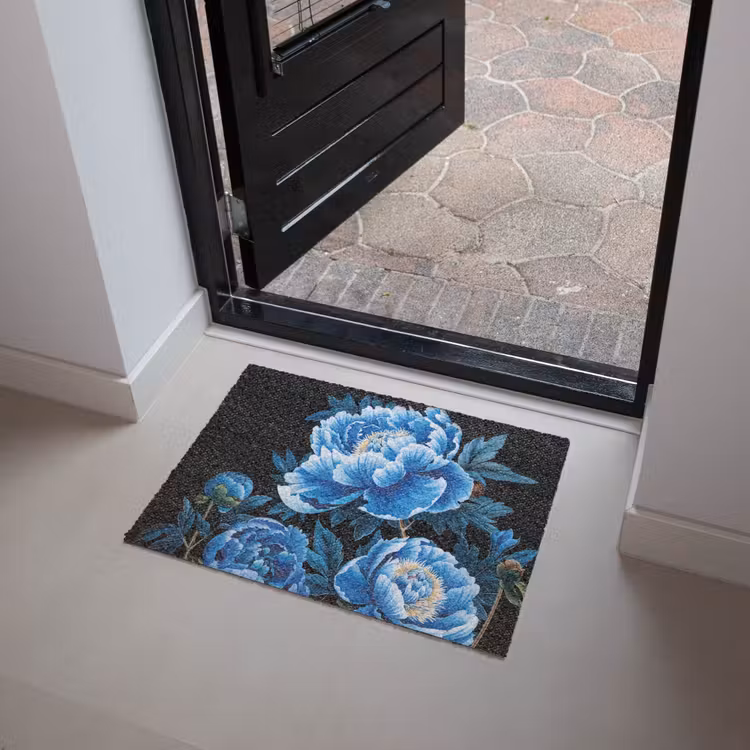 Bloemen - Zwart - Blauw - Modern Deurmat klein -sfeer5