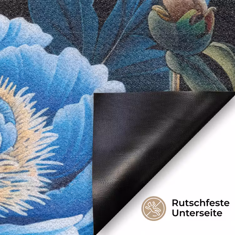Bloemen - Zwart - Blauw - Modern Deurmat klein -antislip_DE