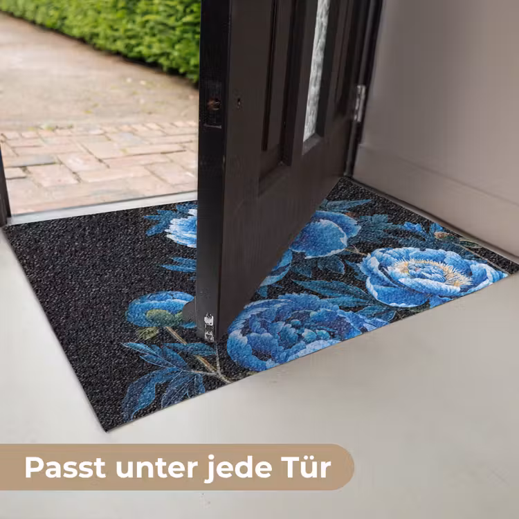 Bloemen - Zwart - Blauw - Modern Deurmat klein -USP_DE
