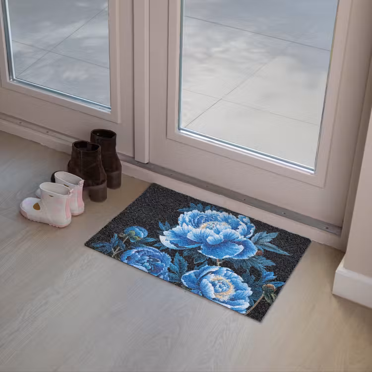 Bloemen - Zwart - Blauw - Modern Deurmat klein -sfeer3