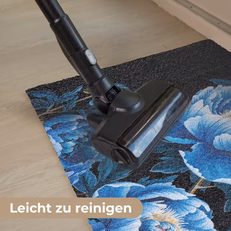 Bloemen - Zwart - Blauw - Modern Deurmat klein -reinigen_DE