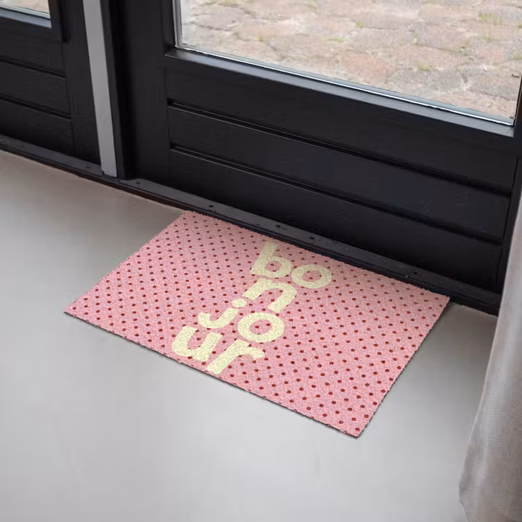 Bonjour - Stippen - Roze- Geel Deurmat klein -sfeer2