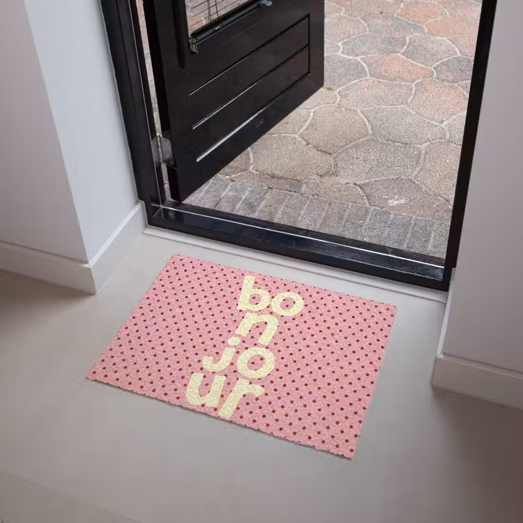 Bonjour - Stippen - Roze- Geel Deurmat klein -sfeer5