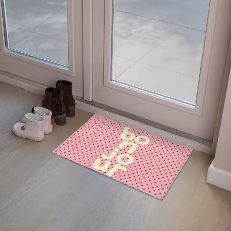Bonjour - Stippen - Roze- Geel Deurmat klein -sfeer3