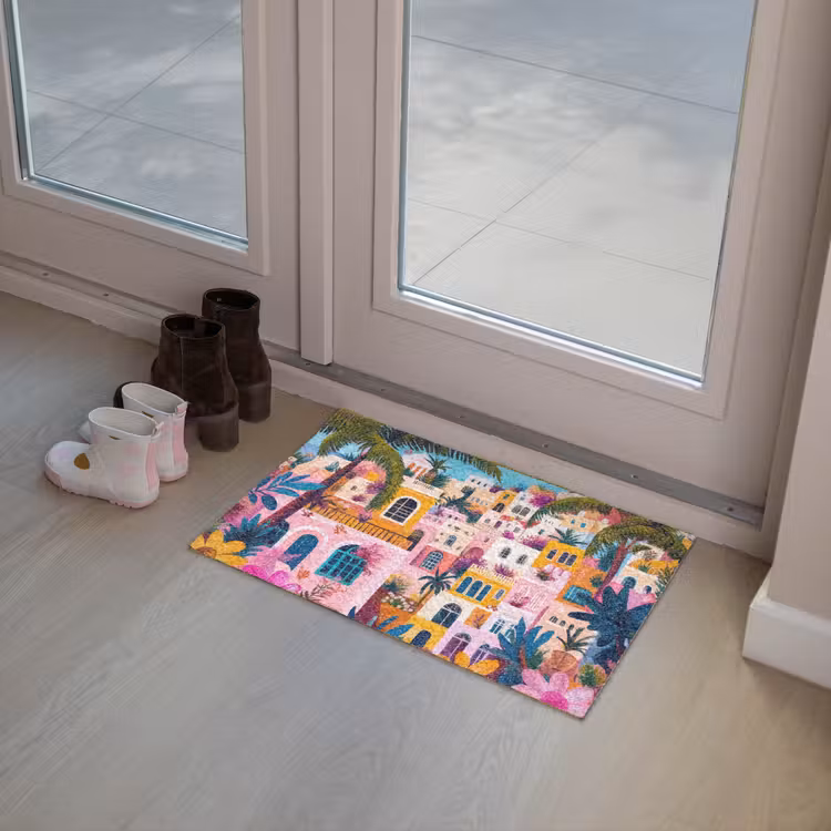 Kleurrijk - Roze - Oranje - Geel - Bloemen Deurmat klein -sfeer3