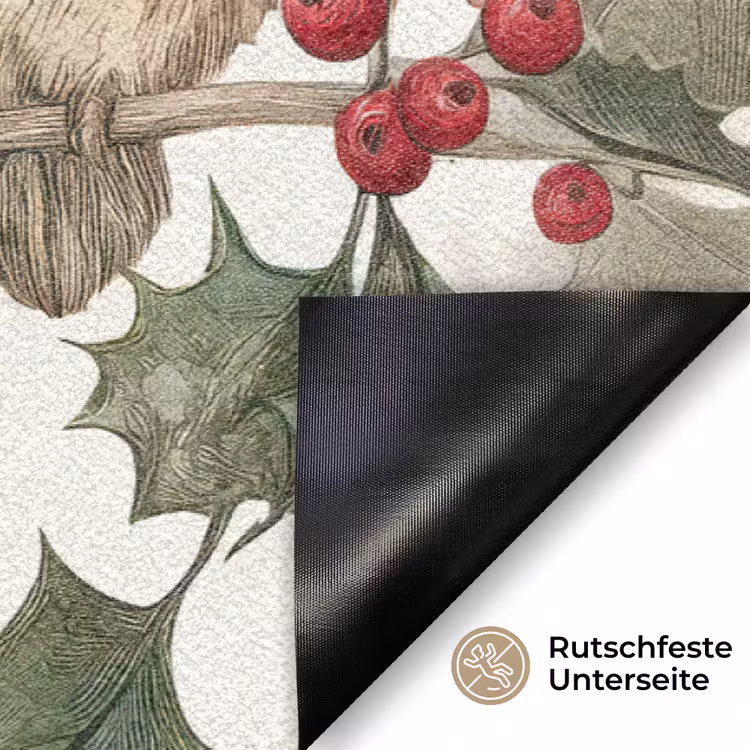 Uilen - Tak - Hulstblaadjes - Kerstmuts Deurmat klein -antislip_DE