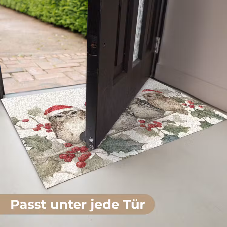 Uilen - Tak - Hulstblaadjes - Kerstmuts Deurmat klein -USP_DE