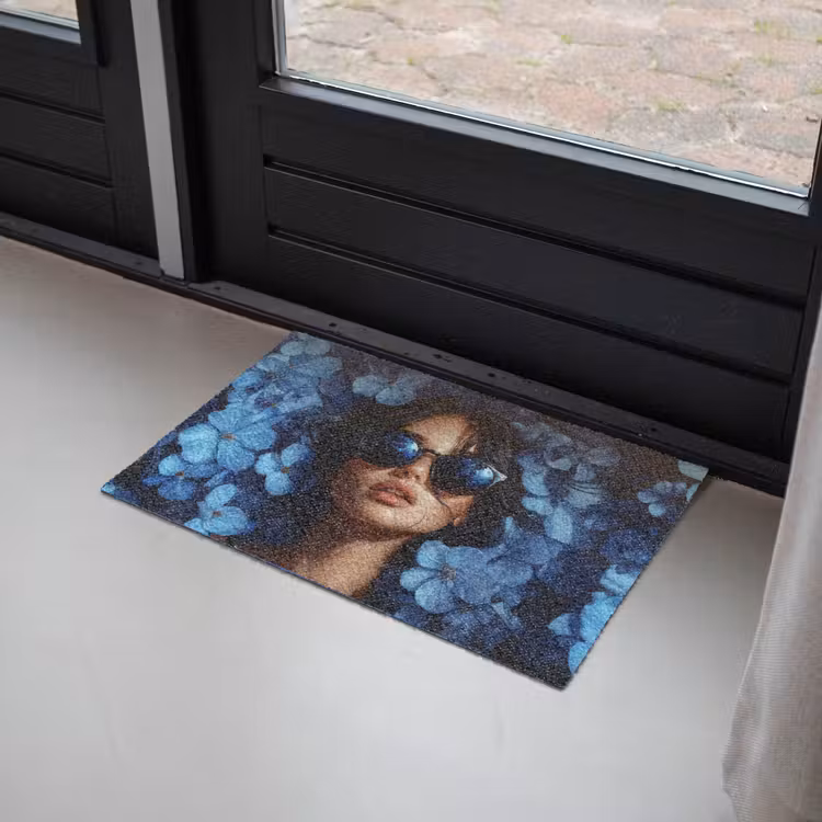 Vrouw - Blauw - Bloemen - Vlinders - Natuur Deurmat klein -sfeer2