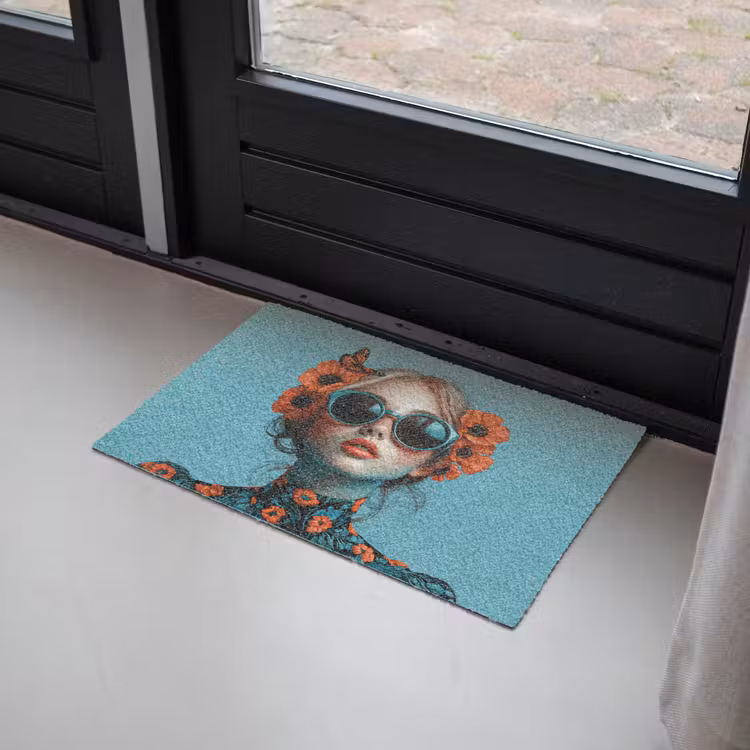Vrouw - Blauw - Vlinder - Bloemen - Aesthetic Deurmat klein -sfeer2