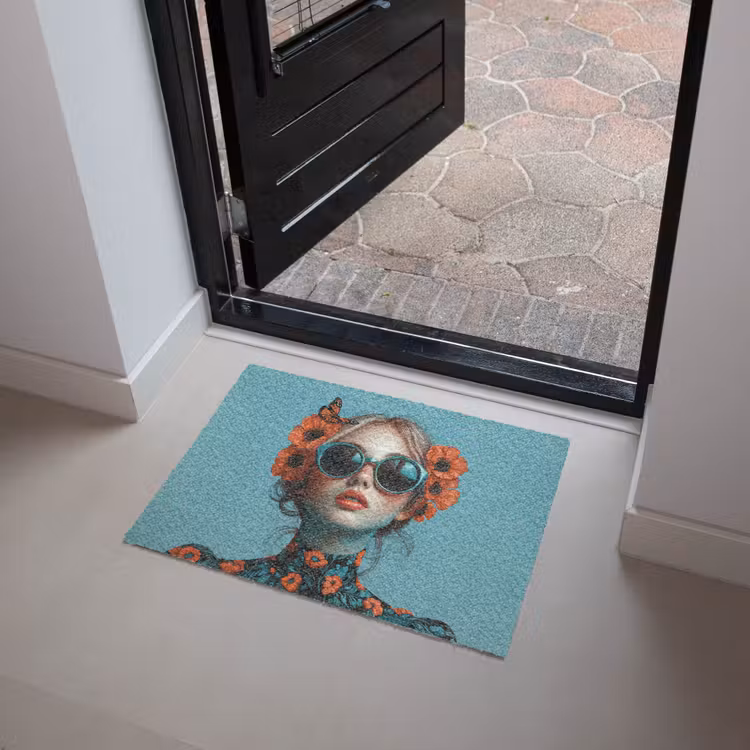 Vrouw - Blauw - Vlinder - Bloemen - Aesthetic Deurmat klein -sfeer5