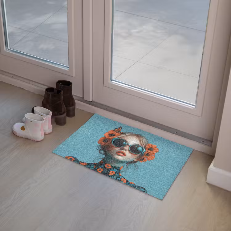 Vrouw - Blauw - Vlinder - Bloemen - Aesthetic Deurmat klein -sfeer3