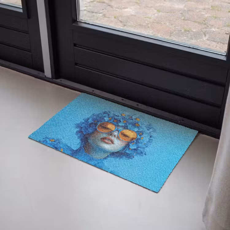 Vrouw - Bloem - Blauw - Modern - Bril - Portret Deurmat klein -sfeer2