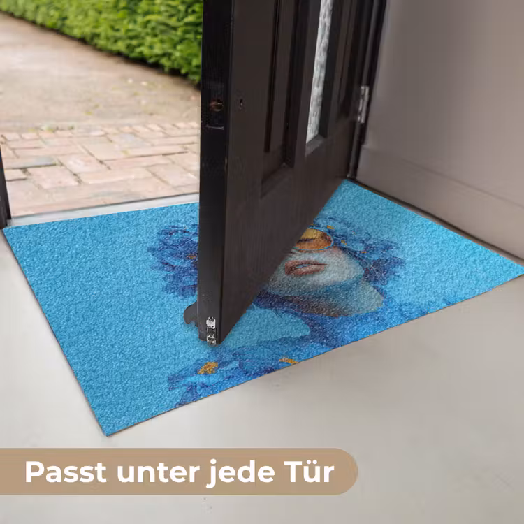 Vrouw - Bloem - Blauw - Modern - Bril - Portret Deurmat klein -USP_DE
