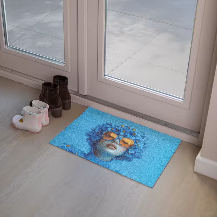 Vrouw - Bloem - Blauw - Modern - Bril - Portret Deurmat klein -sfeer3
