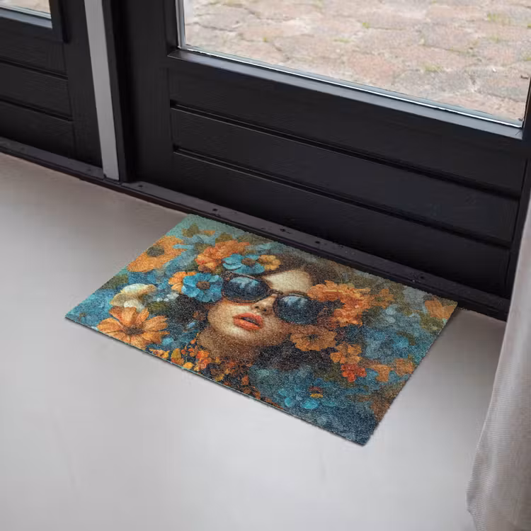 Vrouw - Bloemen - Oranje - Blauw - Modern Deurmat klein -sfeer2