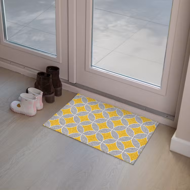 Geometrisch - Cirkels - Textuur - Grijs - Geel Deurmat klein 898 -sfeer3