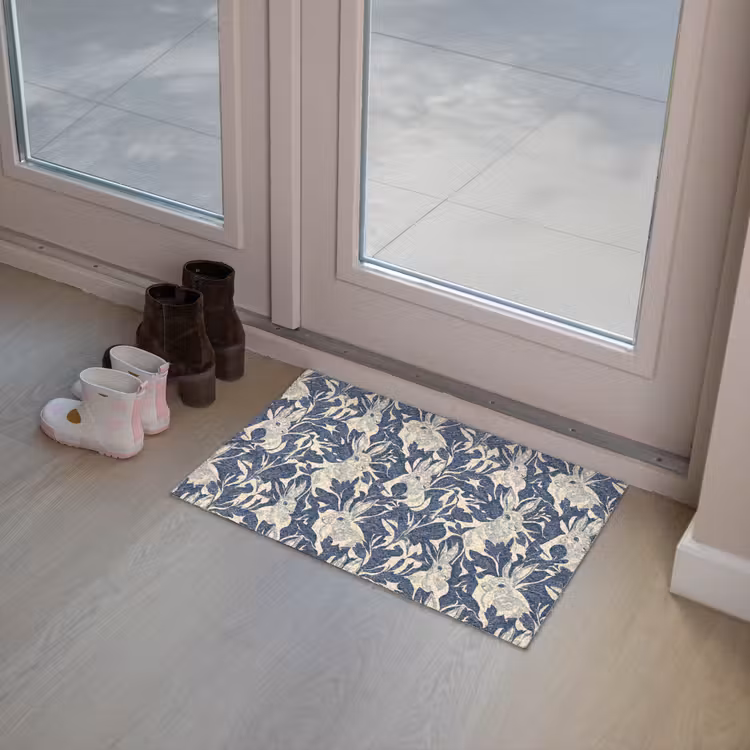 Hazen - Bladeren - Patroon - Blauw - Beige Deurmat klein 898 -sfeer3