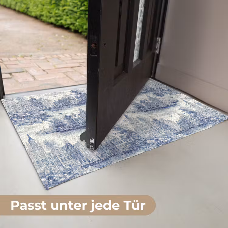 Huizen - Bomen - Water - Vogels - Blauw Deurmat klein 898 -USP_DE