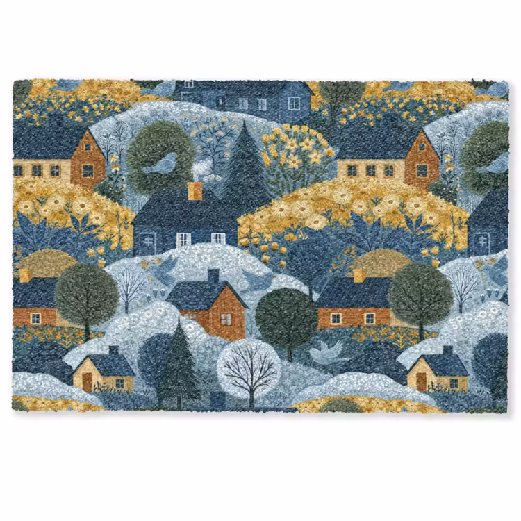 Huisjes - Bloemen - Patroon - Geel - Blauw Deurmat klein 898 -zkaufland3d