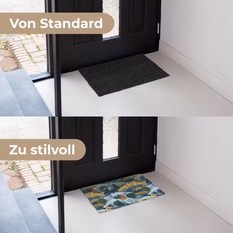 Huisjes - Bloemen - Patroon - Geel - Blauw Deurmat klein 898 -voor-na_DE