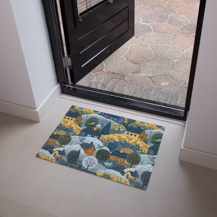 Huisjes - Bloemen - Patroon - Geel - Blauw Deurmat klein 898 -sfeer5