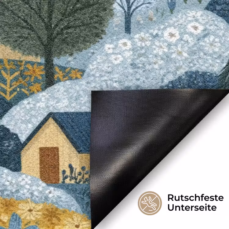 Huisjes - Bloemen - Patroon - Geel - Blauw Deurmat klein 898 -antislip_DE