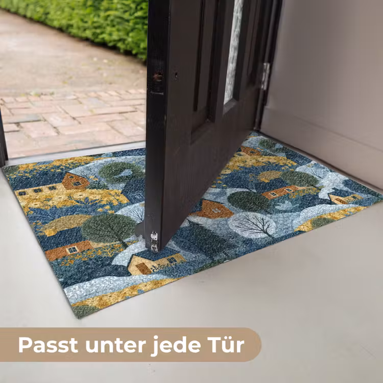 Huisjes - Bloemen - Patroon - Geel - Blauw Deurmat klein 898 -USP_DE