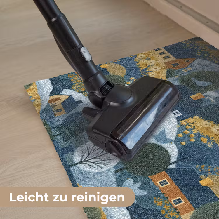 Huisjes - Bloemen - Patroon - Geel - Blauw Deurmat klein 898 -reinigen_DE