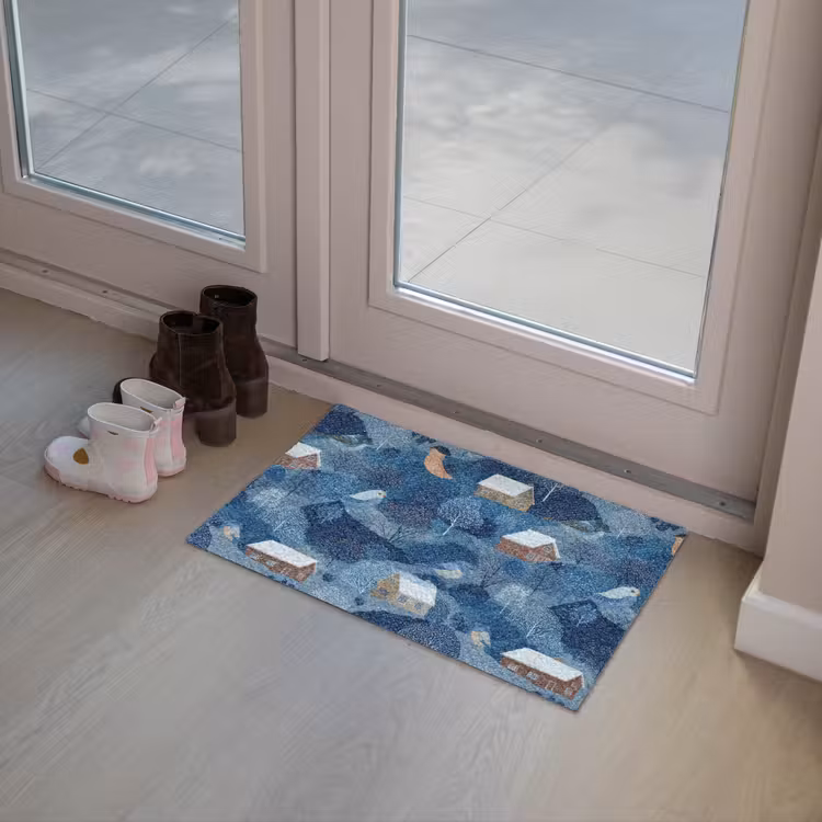 Huisjes - Vogels - Sneeuw - Winter - Blauw Deurmat klein 898 -sfeer3