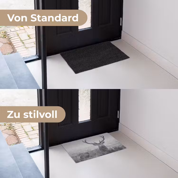 Hert - Mistig - Zwart - Wit Deurmat klein -voor-na_DE