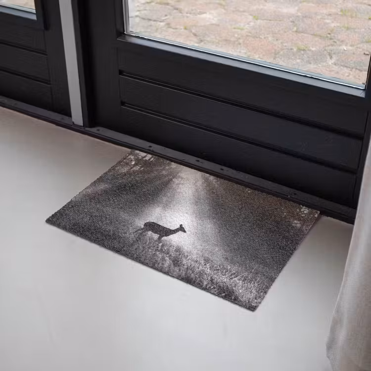 Hert - Bos - Zonnestralen - Zwart-wit - Natuur Deurmat klein -sfeer2