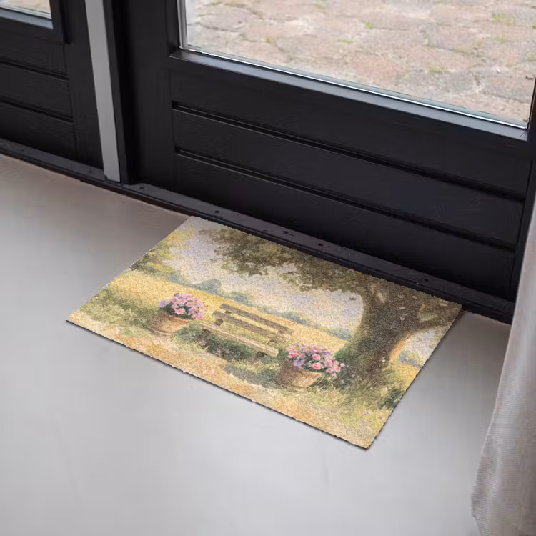 Houten bankje - Bloempotten - Landschap Deurmat klein -sfeer2