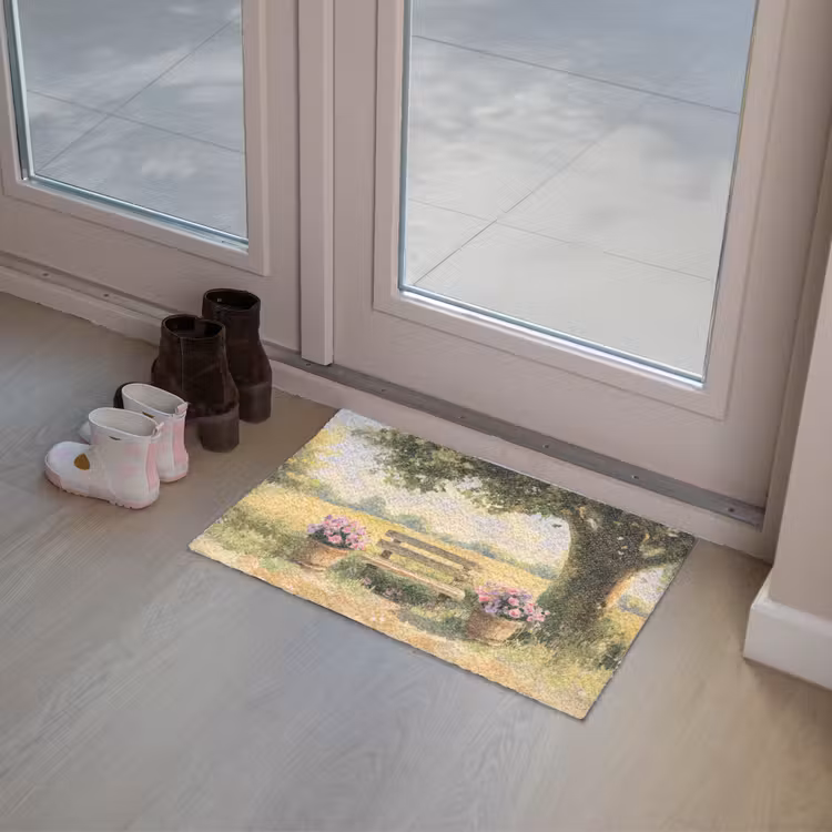 Houten bankje - Bloempotten - Landschap Deurmat klein -sfeer3