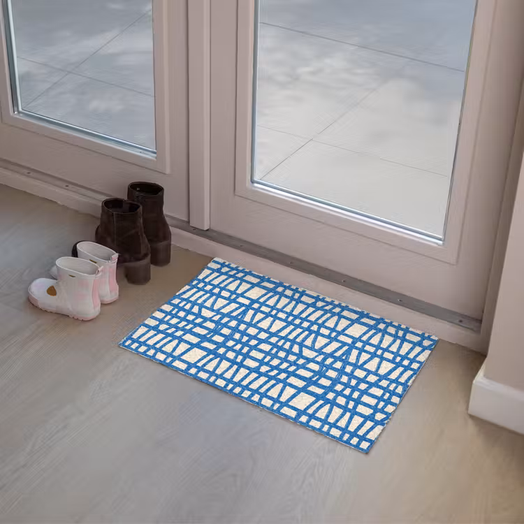 Ruitpatroon - Blauw - Crème Deurmat klein 898 -sfeer3