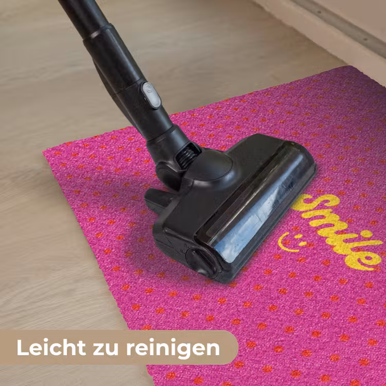 Smile - Stippen - Geel - Smiley - Roze Deurmat klein -reinigen_DE